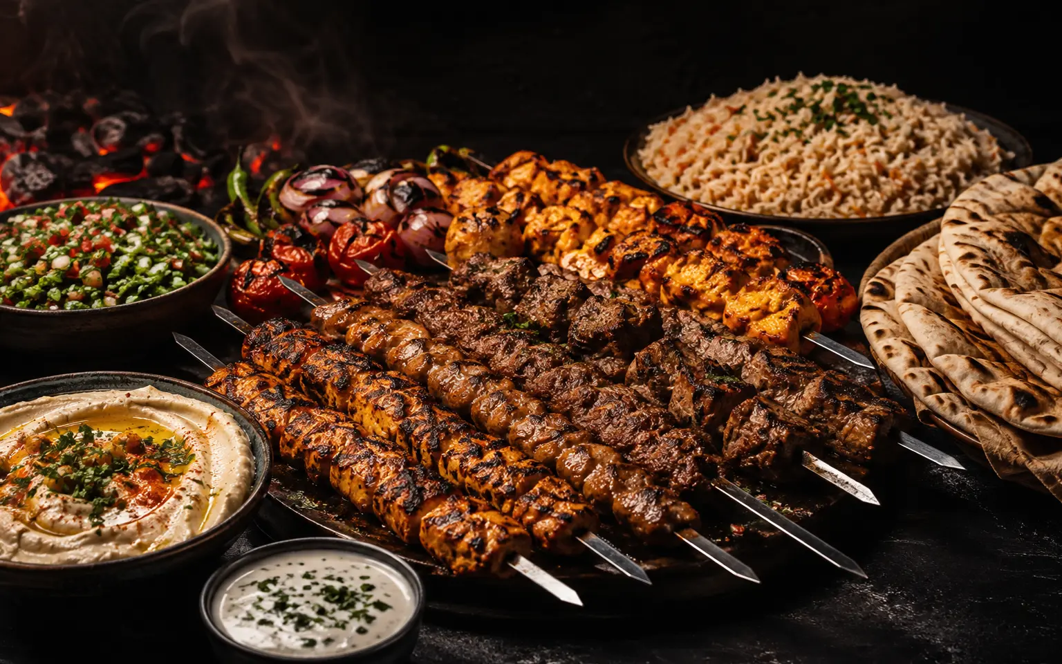 Iraqi and Middle Eastern charcoal-grilled food spread